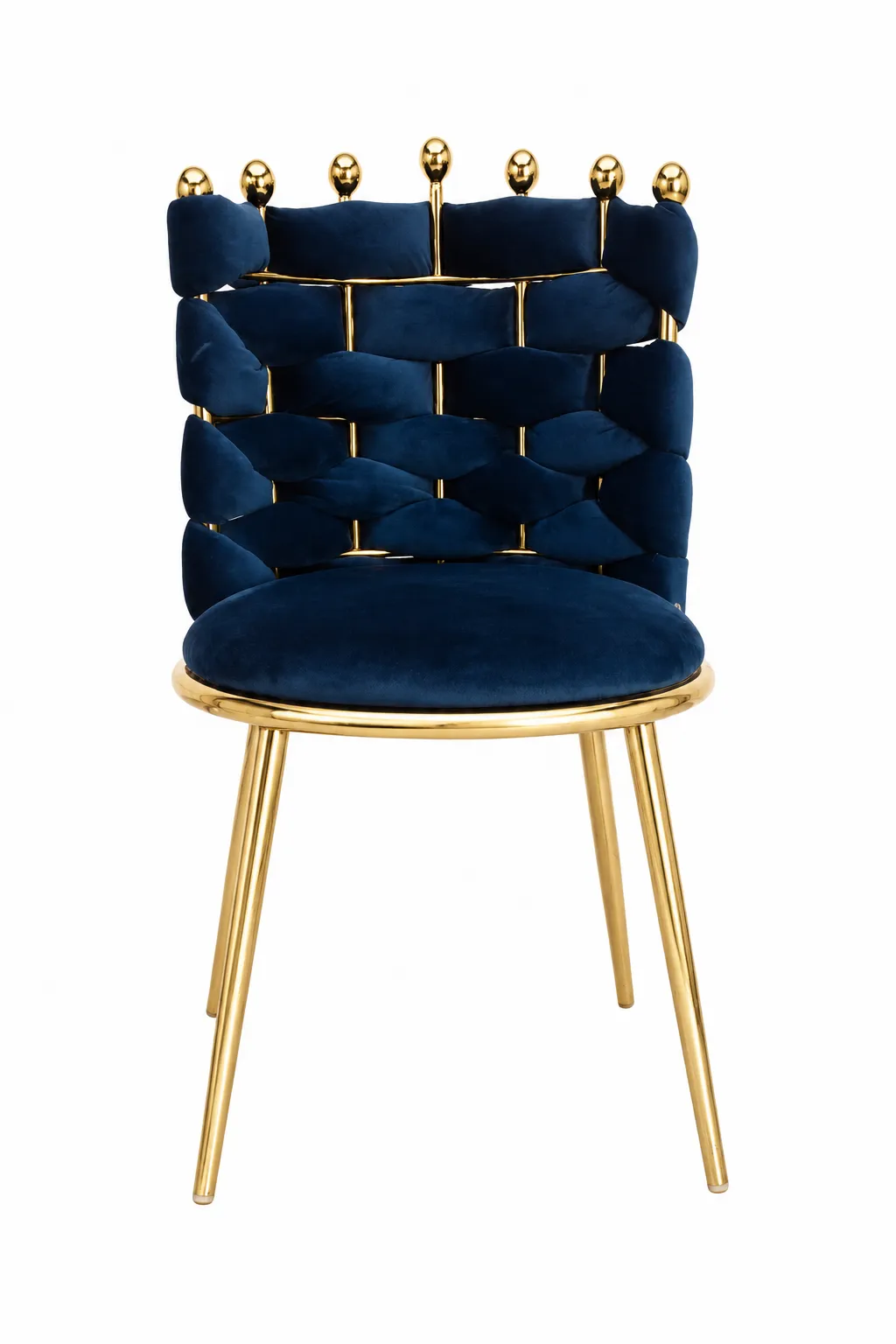 Modern Luxury Crown Blue Velvet Woven Dining Chair with Polished Gold Frame Front view of a luxury navy blue velvet dining chair featuring a unique woven brick-pattern backrest topped with gold spherical finials and supported by polished gold legs.