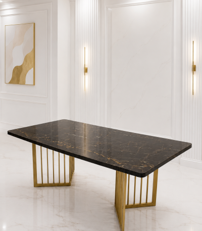 A modern luxury rectangular dining table with a black marble top featuring gold veining and a geometric gold-finished metal base.