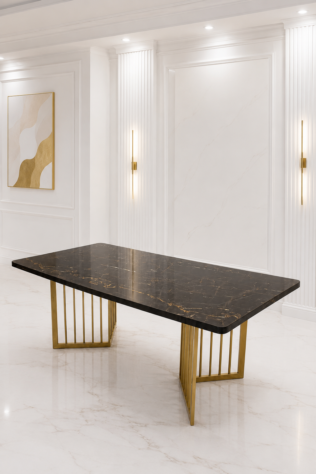 Modern Luxury Black Marble Dining Table with Gold Geometric Base A modern luxury rectangular dining table with a black marble top featuring gold veining and a geometric gold-finished metal base.