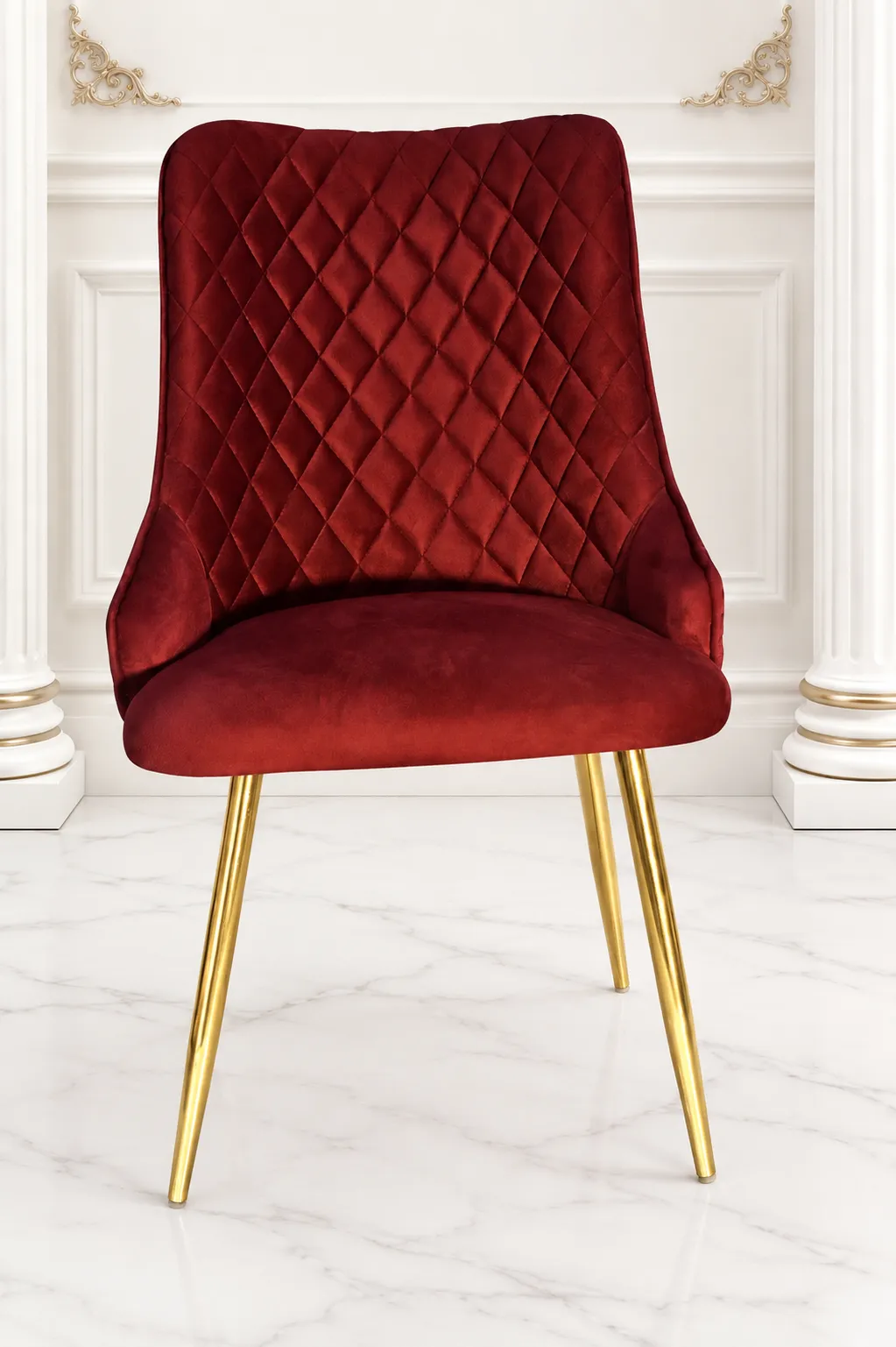 Luxury Burgundy Velvet Dining Chair with Gold Metal Legs – Modern Quilted Accent Chair Luxury burgundy velvet dining chair with quilted back and gold metal legs.