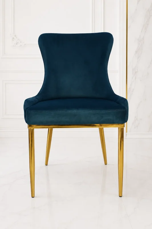 Luxury navy blue velvet dining chair with zinc finish metal legs