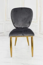 Grey velvet dining chair with gold metal legs