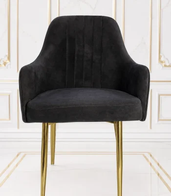 Black velvet dining armchair with gold metal legs
