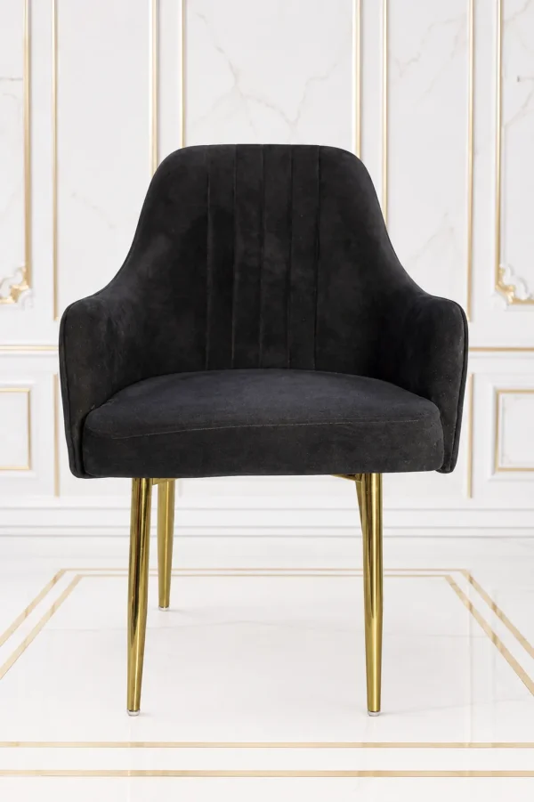 Black velvet dining armchair with gold metal legs
