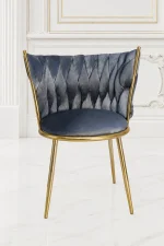 Grey velvet dining chair with gold metal frame and diamond pleated back