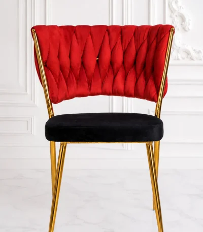 Luxury red velvet dining chair with gold metal frame and black velvet seat