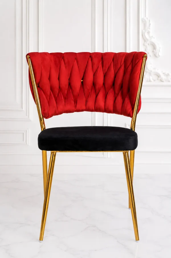 Luxury red velvet dining chair with gold metal frame and black velvet seat