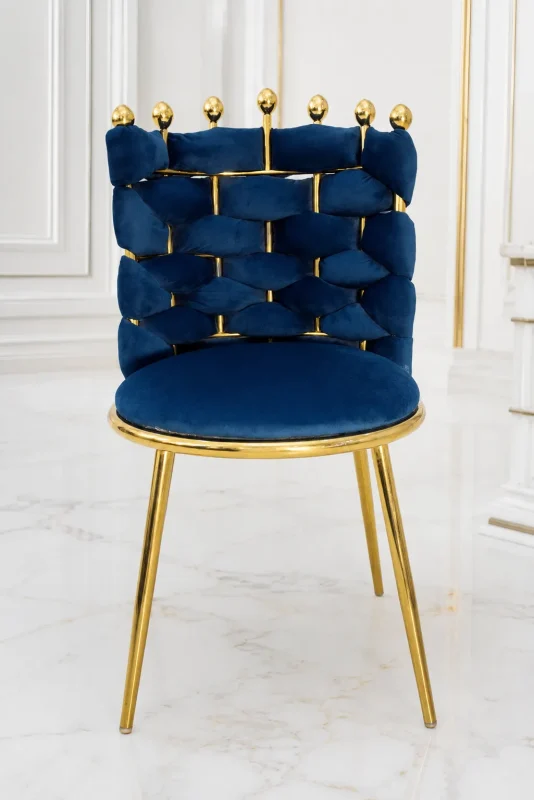 Luxury navy blue velvet dining chair with gold metal frame