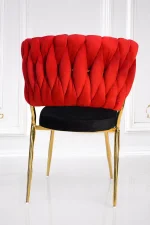 Modern red upholstered dining chair with gold legs