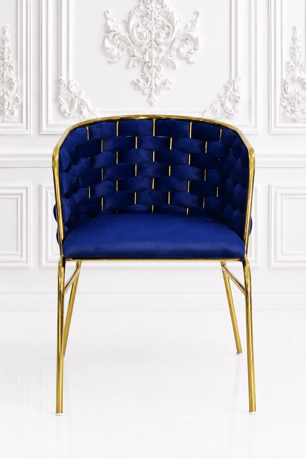 Luxury Royal Blue Velvet Dining Chair with Gold Metal Frame | Modern Upholstered Accent Chair Royal blue velvet dining chair with gold stainless steel frame