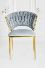 Luxury braided velvet dining chair with gold metal legs in light grey