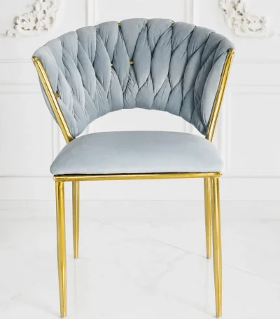 Luxury braided velvet dining chair with gold metal legs in light grey