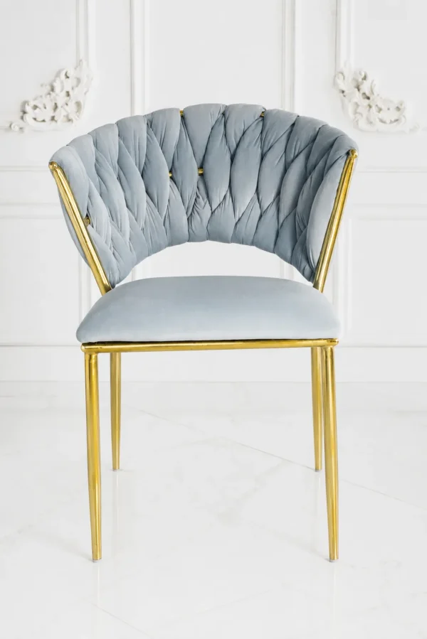Luxury braided velvet dining chair with gold metal legs in light grey