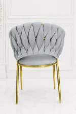 Luxury grey velvet braided accent chair with gold stainless steel legs.