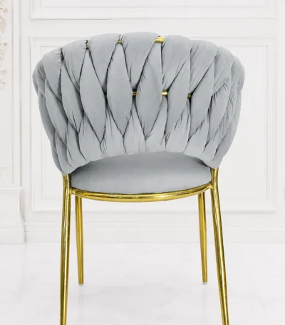 Luxury grey velvet braided accent chair with gold stainless steel legs.