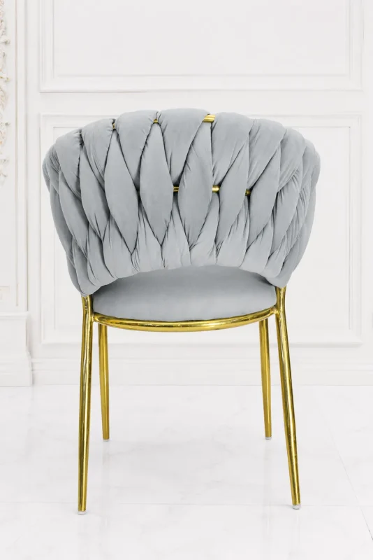 Luxury grey velvet braided accent chair with gold stainless steel legs.