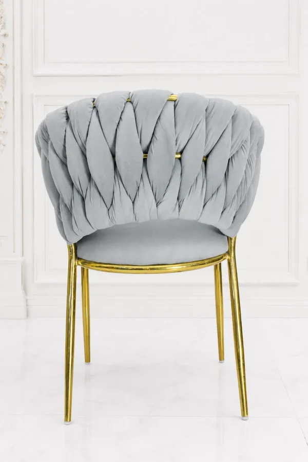 Luxury grey velvet braided accent chair with gold stainless steel legs.
