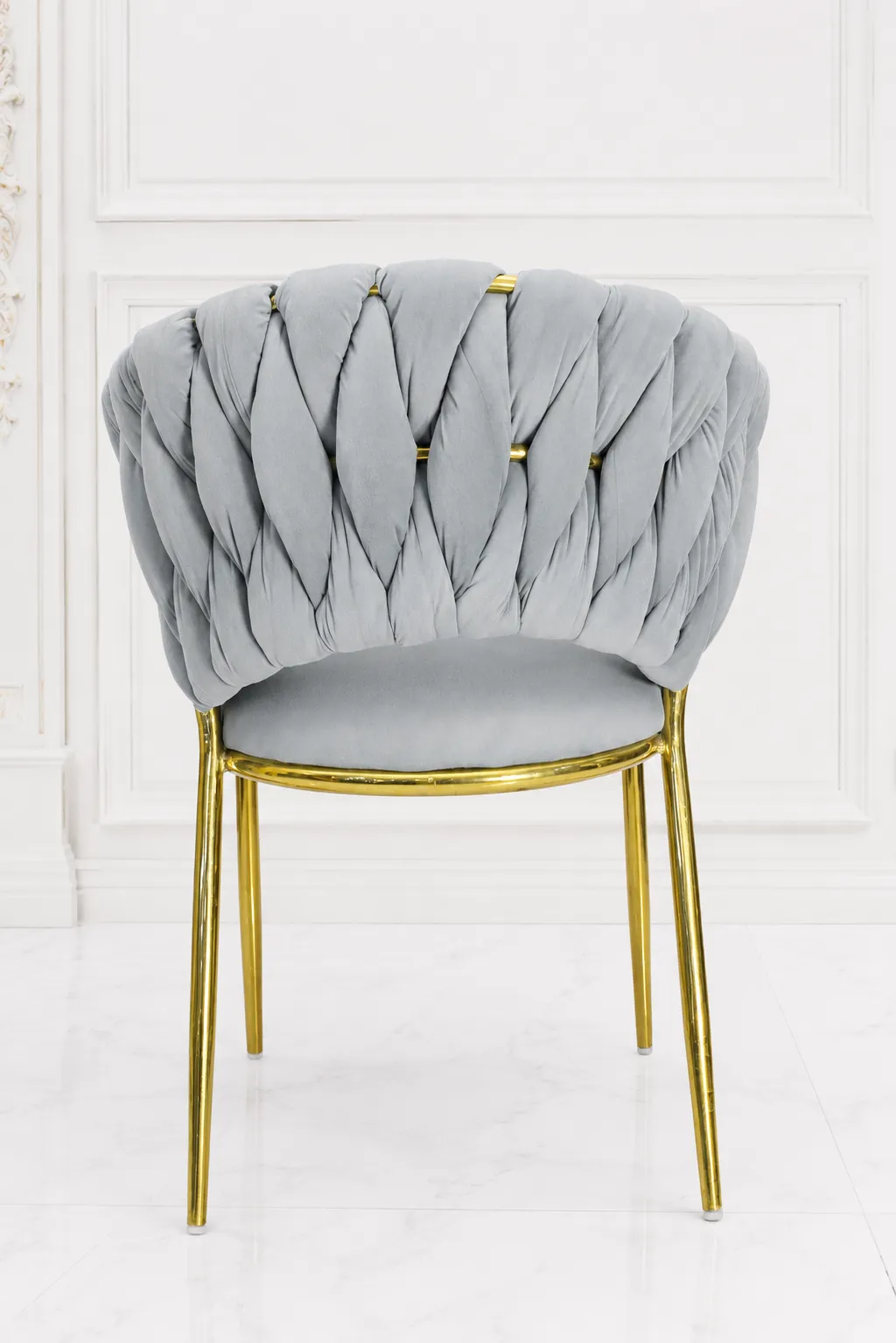 Luxury Grey Velvet Braided Accent Chair with Gold Metal Frame Luxury grey velvet braided accent chair with gold stainless steel legs.