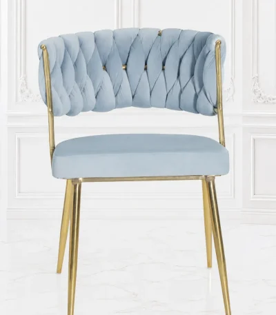 Modern light grey braided velvet dining chair with gold metal legs