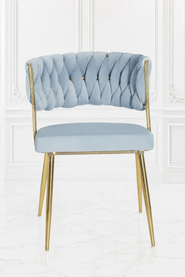Modern light grey braided velvet dining chair with gold metal legs