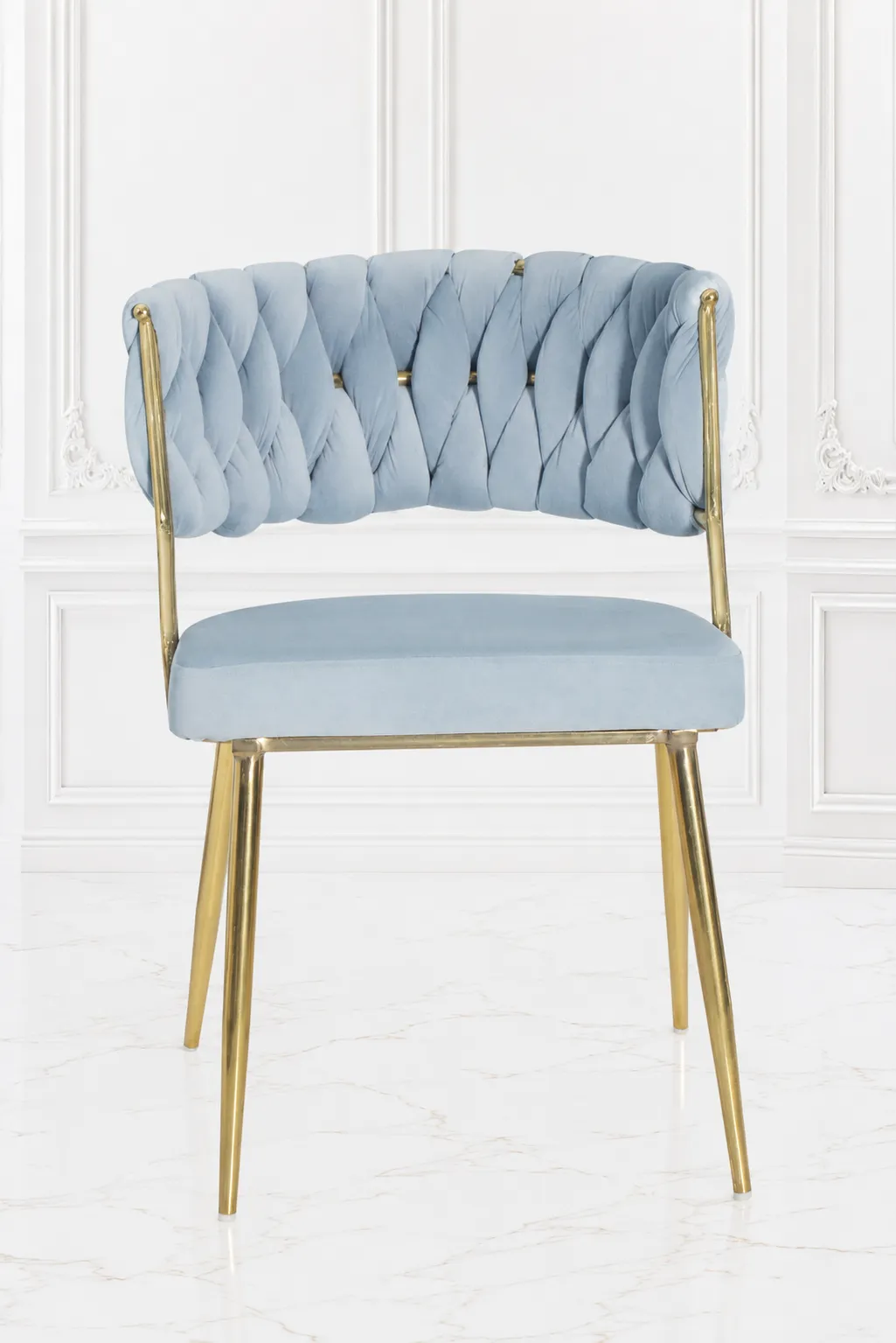 Modern Braided Velvet Dining Chair with Gold Metal Legs – Light Grey Modern light grey braided velvet dining chair with gold metal legs