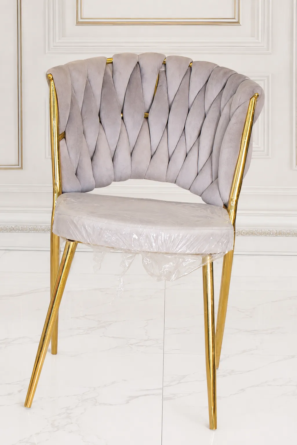 Luxury Velvet Dining Chair with Gold Stainless Steel Frame | Modern Upholstered Accent Chair438 Luxury velvet dining chair with gold stainless steel frame