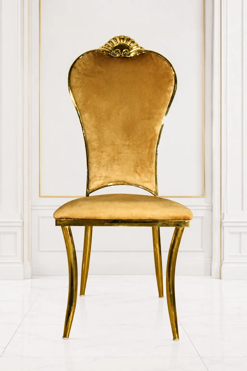 Luxury Champagne Velvet Dining Chair with Gold Stainless Steel Frame | Royal Banquet Chair Luxury champagne velvet dining chair with gold stainless steel frame