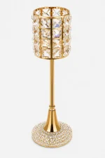 Luxury gold crystal candlestick holder with a beaded cylinder top and a sparkling rhinestone base on a white background.