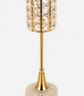 Luxury gold crystal candlestick holder with a beaded cylinder top and a sparkling rhinestone base on a white background.