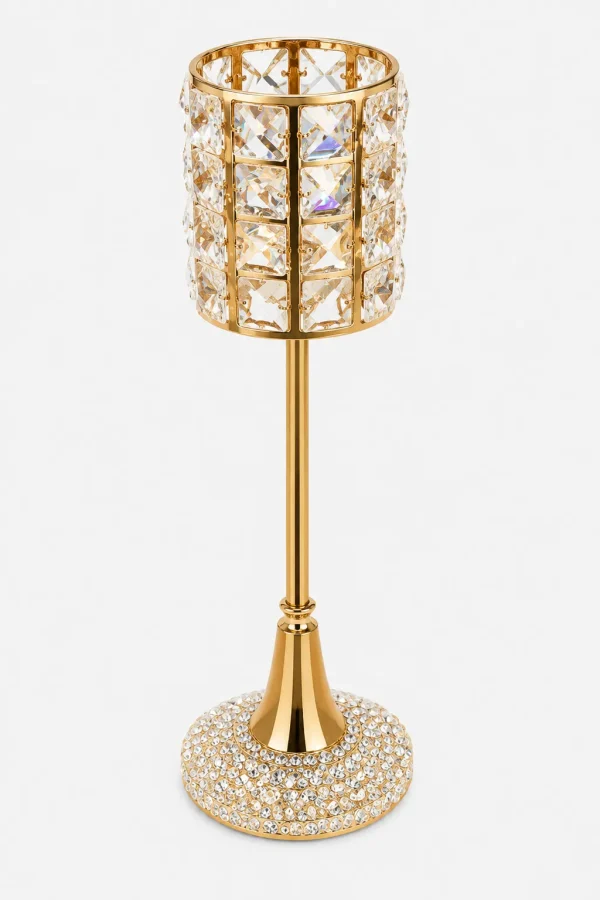 Luxury gold crystal candlestick holder with a beaded cylinder top and a sparkling rhinestone base on a white background.