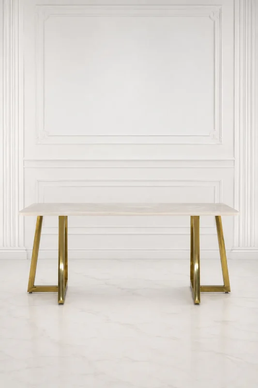 Luxury white marble dining table with gold stainless steel legs.