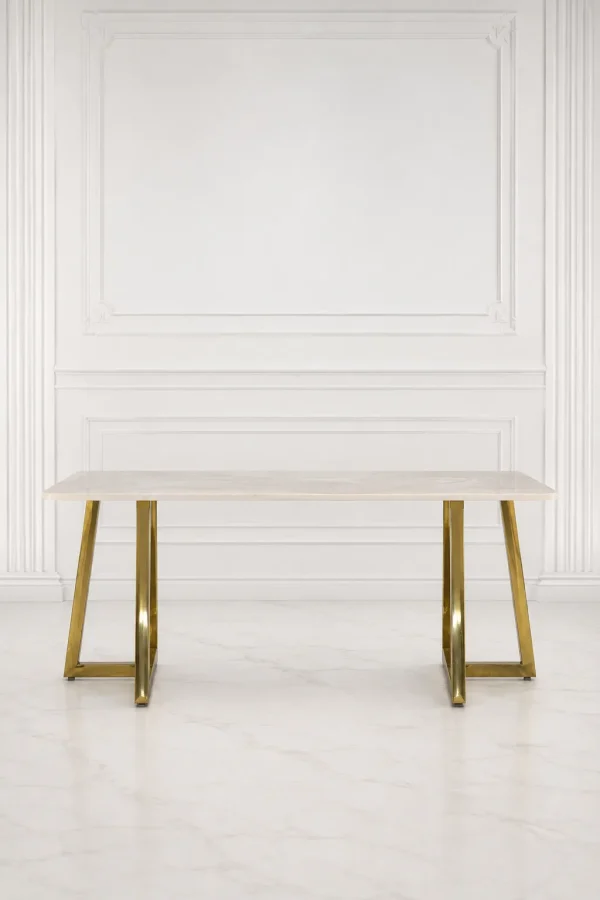 Luxury white marble dining table with gold stainless steel legs.