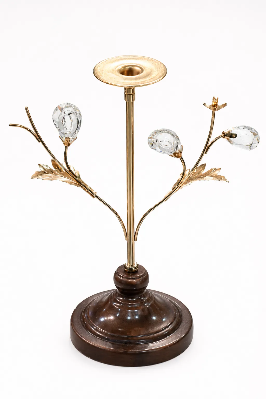 Vintage Brass & Crystal Floral Branch Single Candle Holder with Wooden Base Luxury single candle holder with a polished gold stem, crystal bud branches, and a round dark wooden base against a white background.