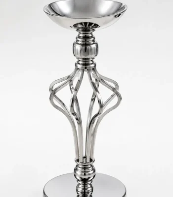 Contemporary silver pillar candle holder featuring a wide top bowl, an open twisted metallic cage stem, and a flat reflective circular base on a white backdrop.