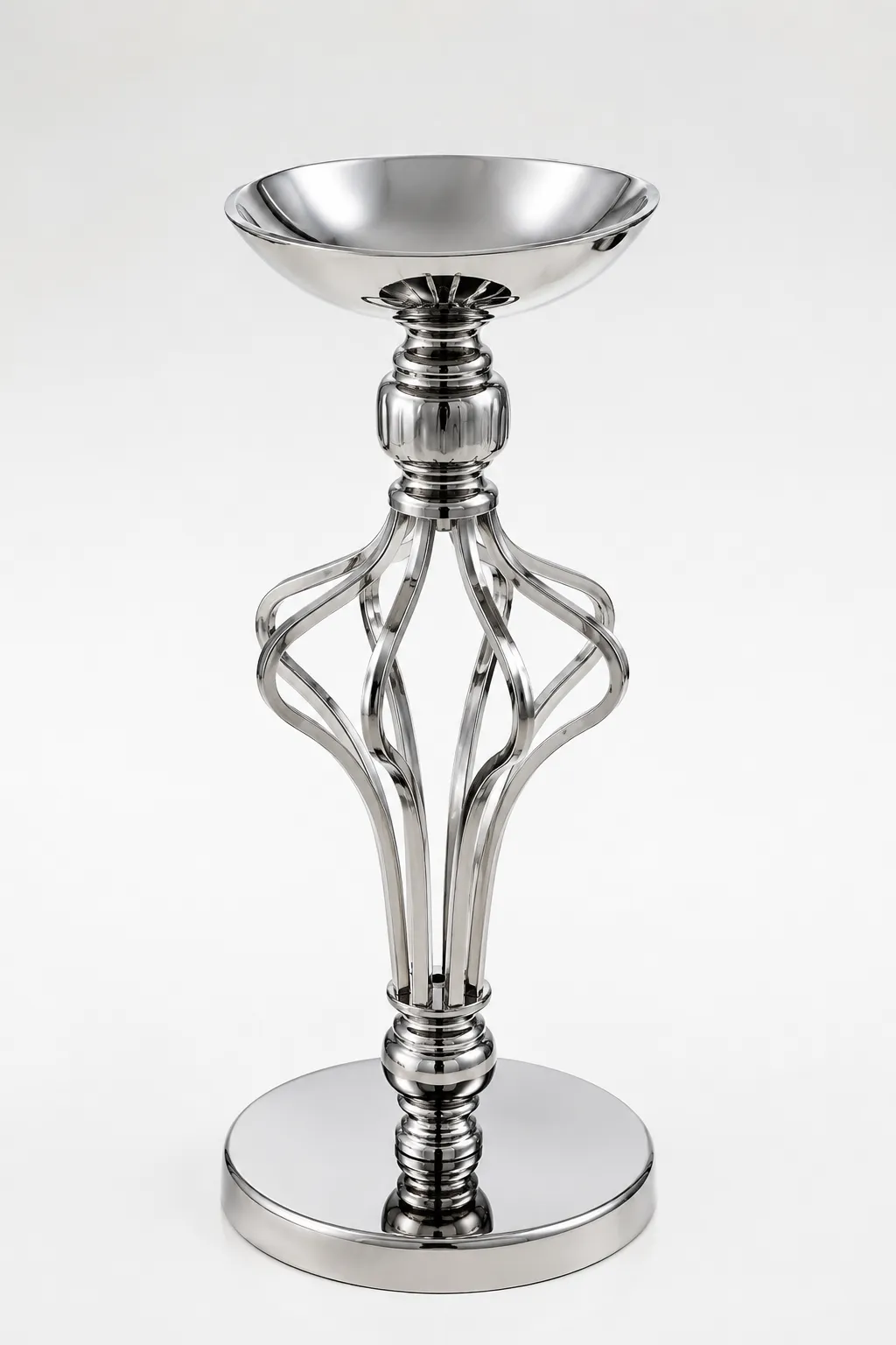Modern Silver Pillar Candle Holder – Elegant Hollow Twisted Cage Table Centerpiece Contemporary silver pillar candle holder featuring a wide top bowl, an open twisted metallic cage stem, and a flat reflective circular base on a white backdrop.