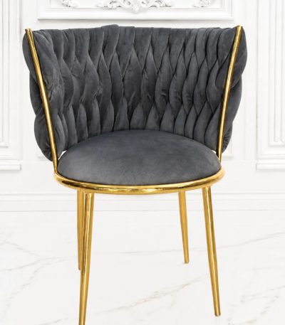 Luxury grey velvet accent dining chair with gold stainless steel frame