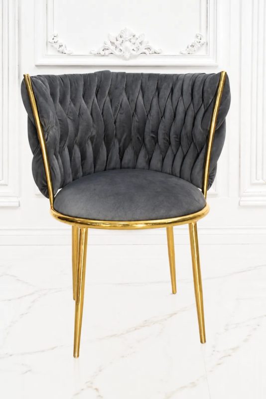 Luxury grey velvet accent dining chair with gold stainless steel frame