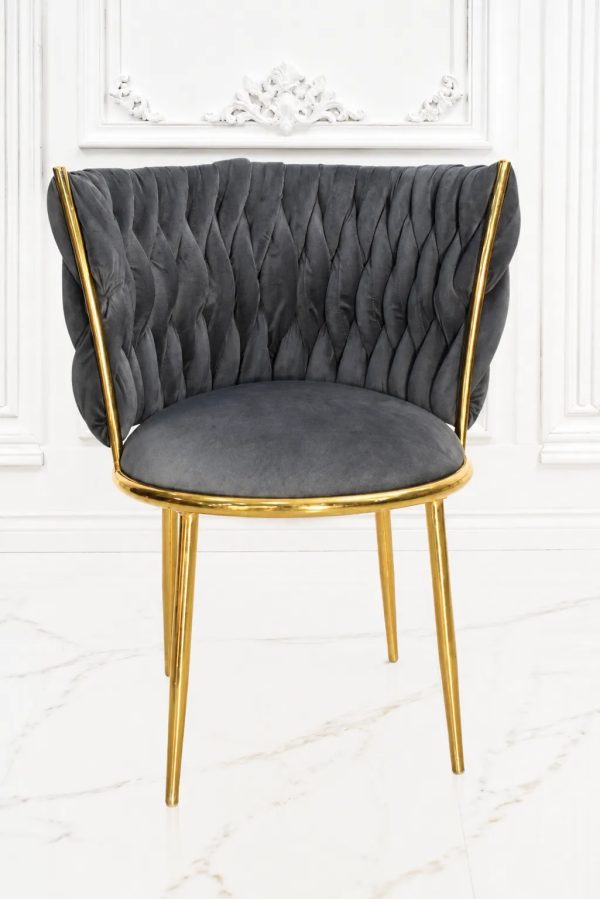 Luxury grey velvet accent dining chair with gold stainless steel frame