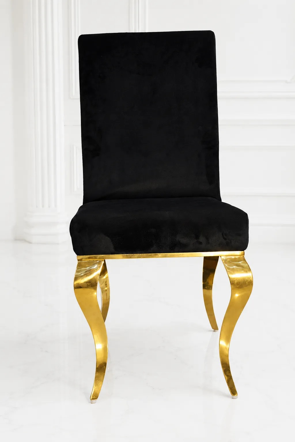 Luxury Black Velvet Accent Dining Chair with Gold Stainless Steel Curved Legs Luxury black velvet dining chair with gold stainless steel curved legs