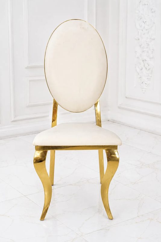 Luxury white velvet oval back dining chair with gold stainless steel frame