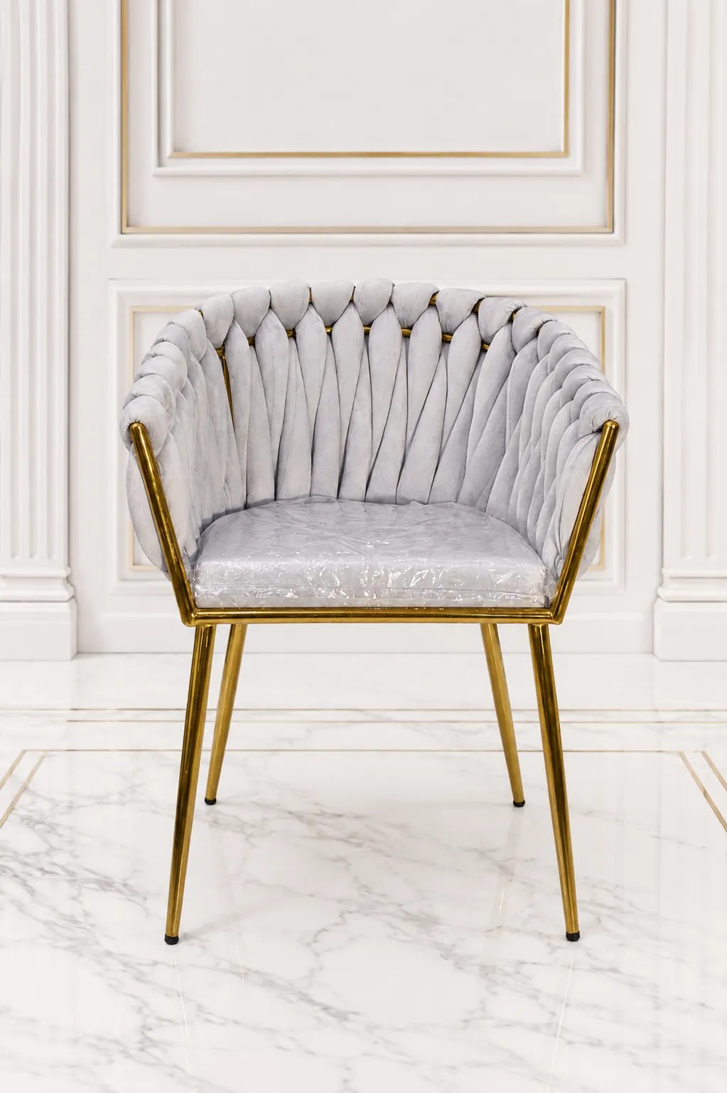 Luxury Light Grey Velvet Accent Dining Chair with Gold Metal Legs | Modern Upholstered Armchair Luxury light grey velvet dining chair with gold metal legs and scalloped shell backrest.