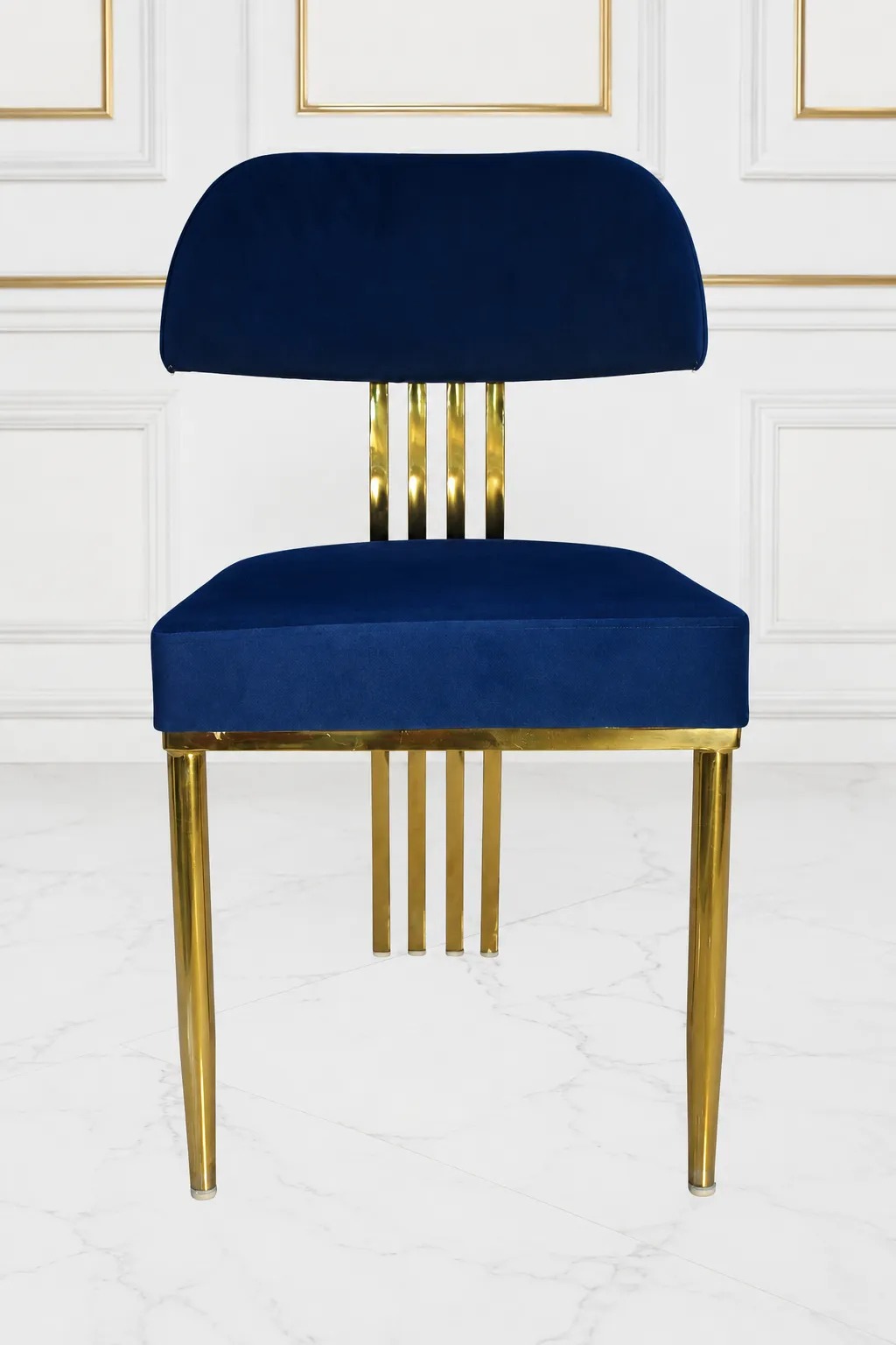 Luxury Navy Blue Velvet Accent Dining Chair with Gold Metal Legs Modern upholstered velvet accent chair for dining and living room.