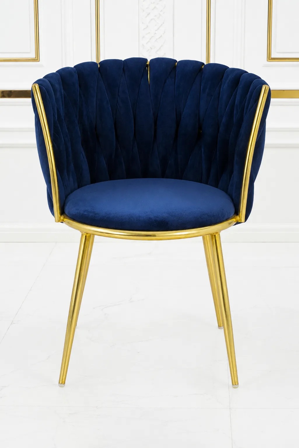 Luxury Navy Blue Velvet Accent Dining Chair with Gold Metal Legs | Modern Upholstered Armchair Luxury navy blue velvet dining chair with gold metal legs and scalloped backrest.