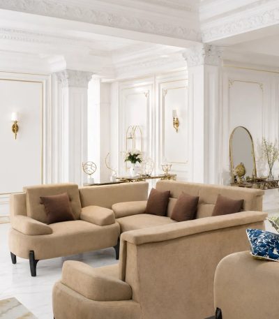 Modern beige fabric sofa set for a luxury living room.