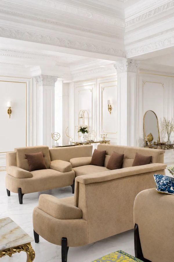 Modern beige fabric sofa set for a luxury living room.