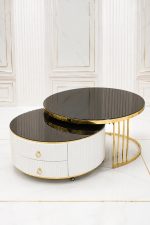 Luxury round coffee table with black glass top, gold frame, and hidden storage drawers