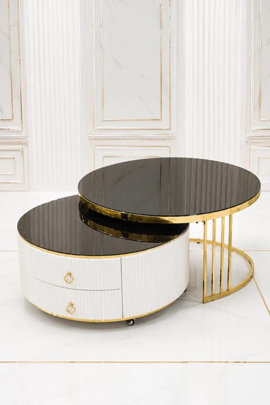 Luxury round coffee table with black glass top, gold frame, and hidden storage drawers