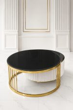 Luxury round coffee table with black glass top, gold frame, and hidden storage drawers