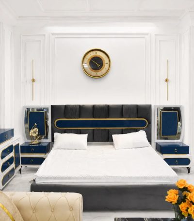 Luxury white and navy blue dressing table with large mirror and storage drawers