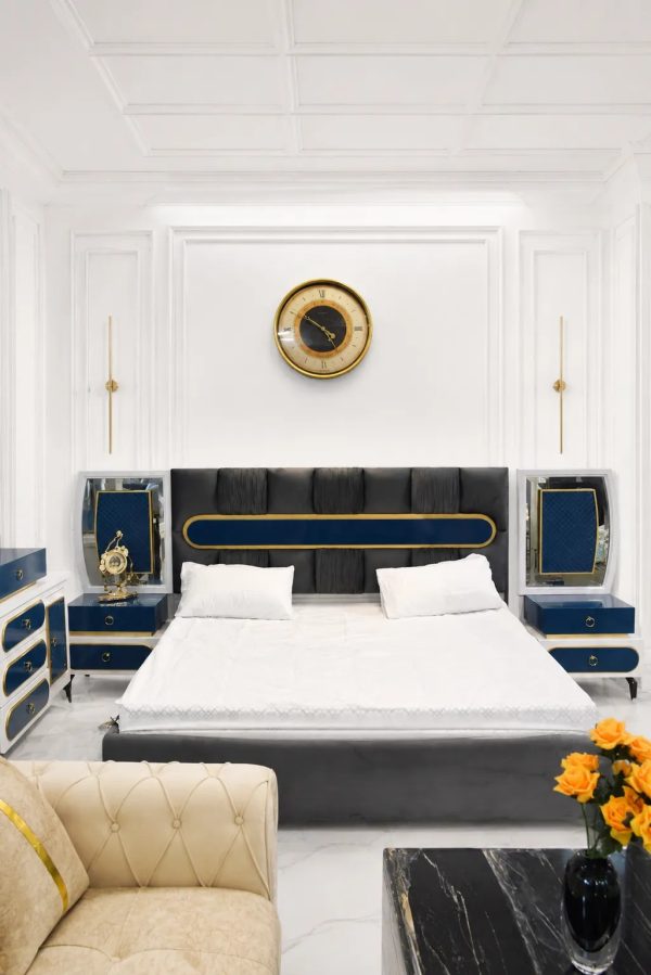 Luxury white and navy blue dressing table with large mirror and storage drawers